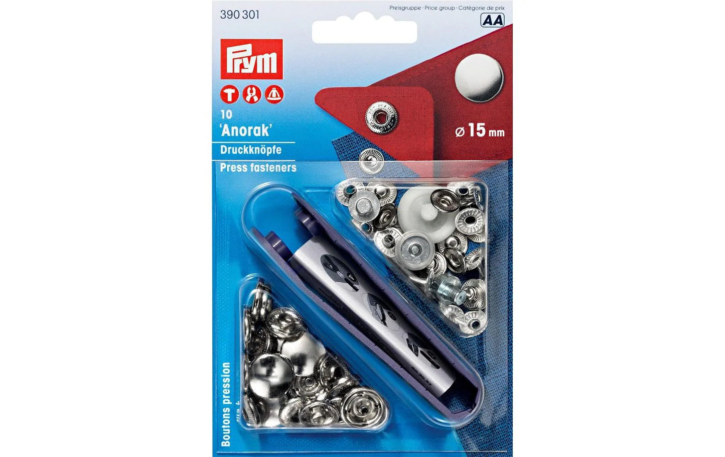 Prym NF-Druckknöpfe Anorak 15 mm silber – 10 Stück inkl. Werkzeug (Art. 390301)